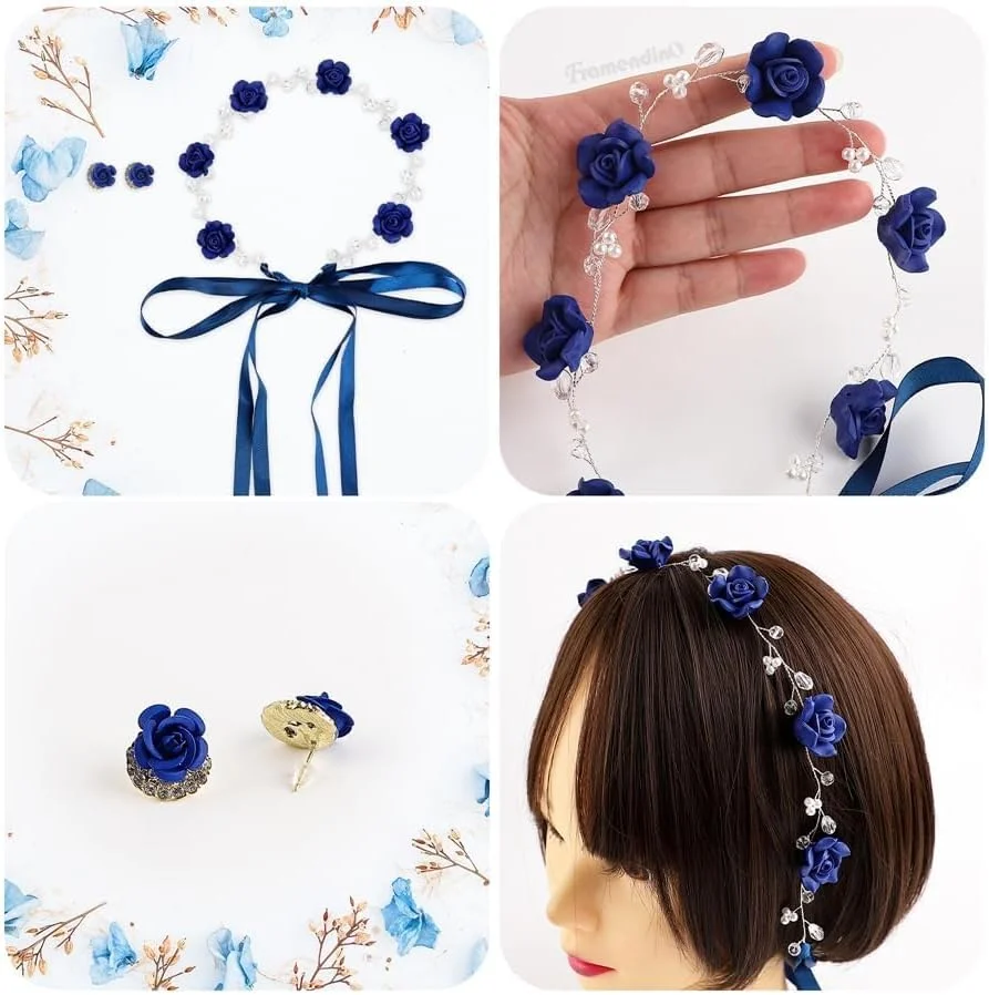 ست تاج سر عروس آبی ظریف با تاج گل کریستالی، تاج سر عروسی و ریسه موی گل رز، ست جواهرات گوشواره عروس برای زنان، لوازم جانبی موی عروسی ست تاج سر عروس آبی ظریف با تاج گل کریستالی، تاج سر عروسی و ریسه موی گل رز، ست جواهرات گوشواره عروس برای زنان، لوازم جانبی موی عروسی