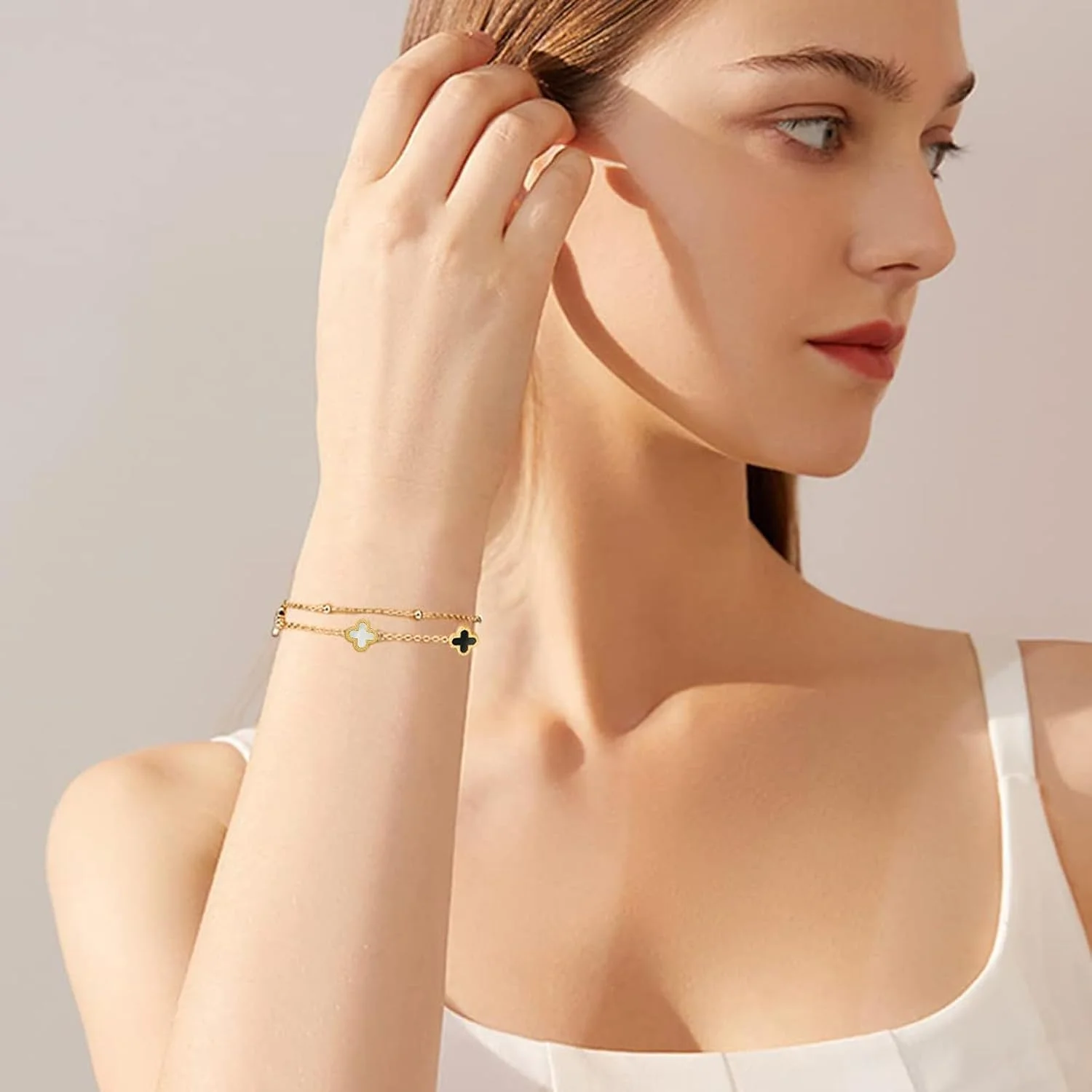 دستبند برگ شبدر، دستبند استیل تیتانیوم چهار برگ شبدر برای زنان و دختران، زیورآلات نماد شانس طلایی/نقره ای قابل تنظیم دستبند برگ شبدر، دستبند استیل تیتانیوم چهار برگ شبدر برای زنان و دختران، زیورآلات نماد شانس طلایی/نقره ای قابل تنظیم