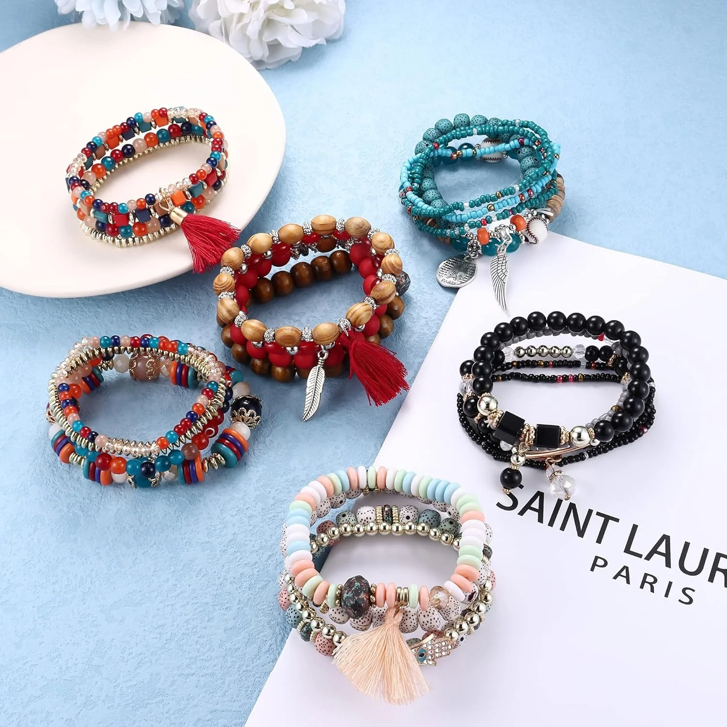 ست دستبندهای مهره ای چند رنگ بوهمی انباشته KASTWAVE برای زنان، 6 دستبند کشی چند لایه بوهمی ست دستبندهای مهره ای چند رنگ بوهمی انباشته KASTWAVE برای زنان، 6 دستبند کشی چند لایه بوهمی