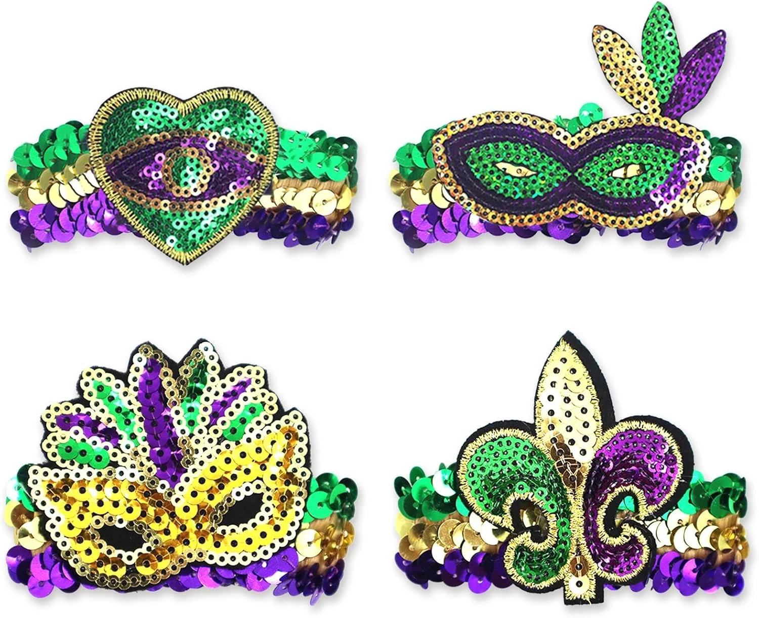 ست 4 عددی دستبندهای Mardi Gras، دستبند پولکی مد روز، دستبندهای اکلیلی سبز و بنفش، ست جواهرات زیبا، مچ بند کارناوال تعطیلات، هدیه دوستی برای زنان و مردان