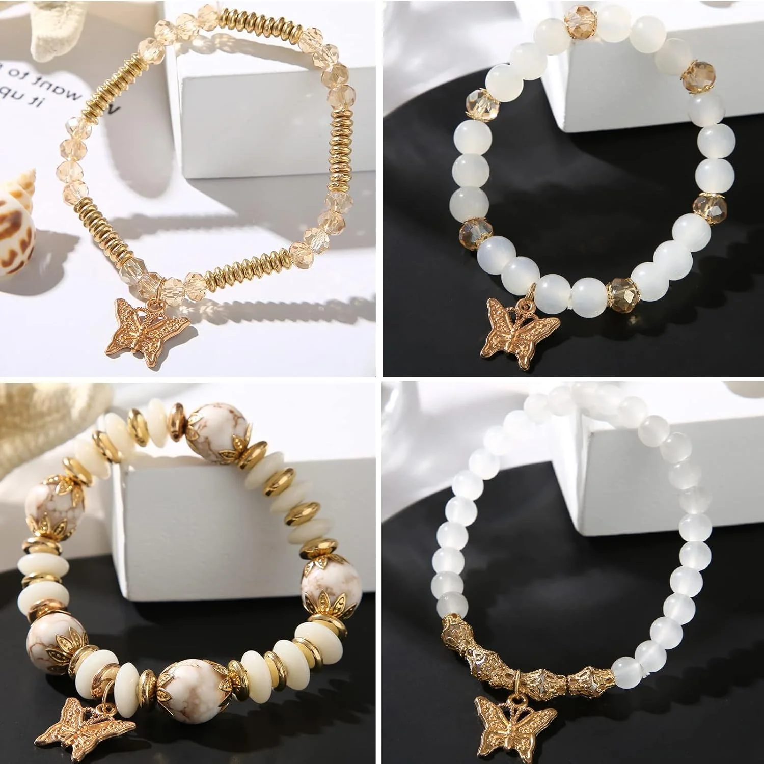 ست دستبندهای مهره ای طلایی بوهمی KASTWAVE با آویزهای پروانه ای رنگارنگ - جواهرات بوهو مد روز برای زنان و دختران ست دستبندهای مهره ای طلایی بوهمی KASTWAVE با آویزهای پروانه ای رنگارنگ - جواهرات بوهو مد روز برای زنان و دختران