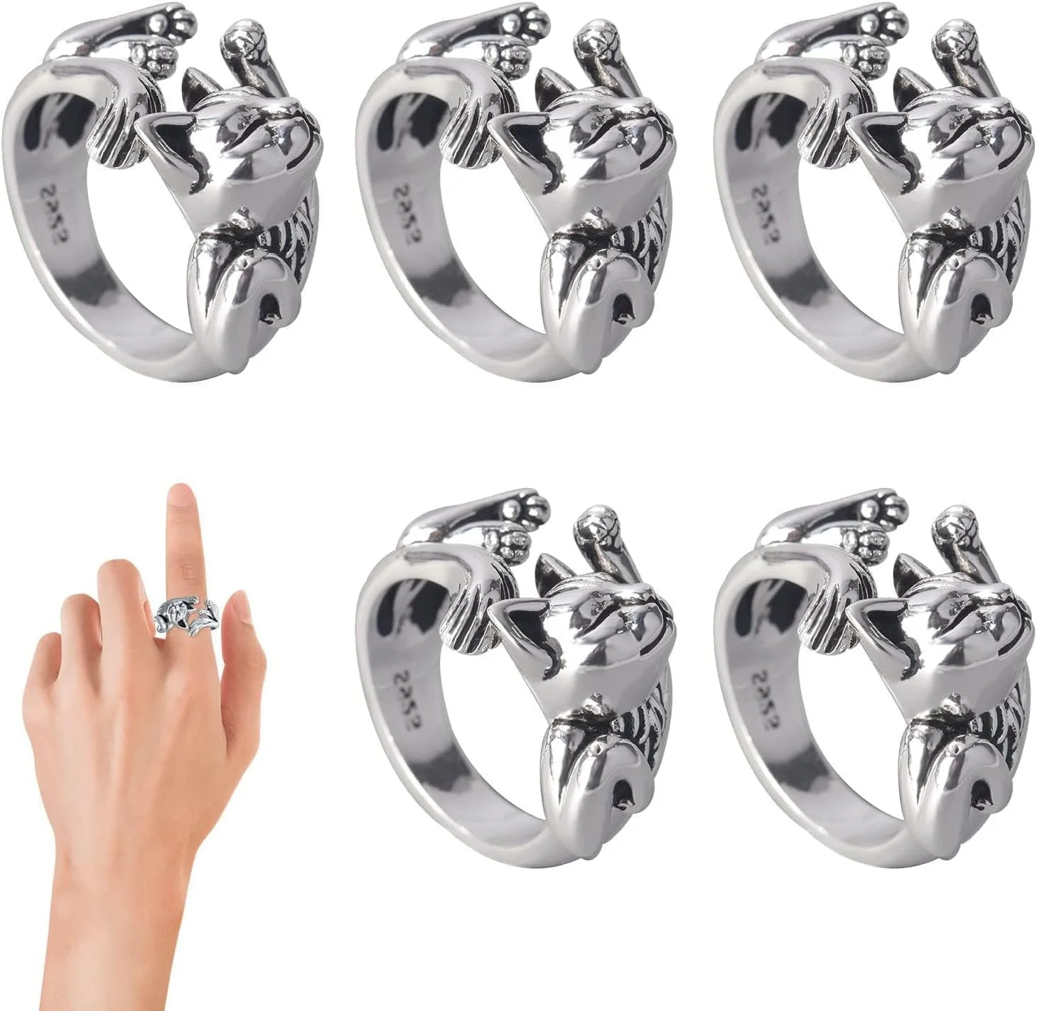 ست انگشتر گربه تنبل قابل تنظیم برای زنان و مردان، ست جواهرات انگشتر باز حیوانات وینتیج، انگشترهای انگشتی گربه نقره ای زیبا برای استفاده روزانه، لوازم جانبی بافتنی مد و هدیه برای دوستداران گربه (نقره ای، 5 عدد)