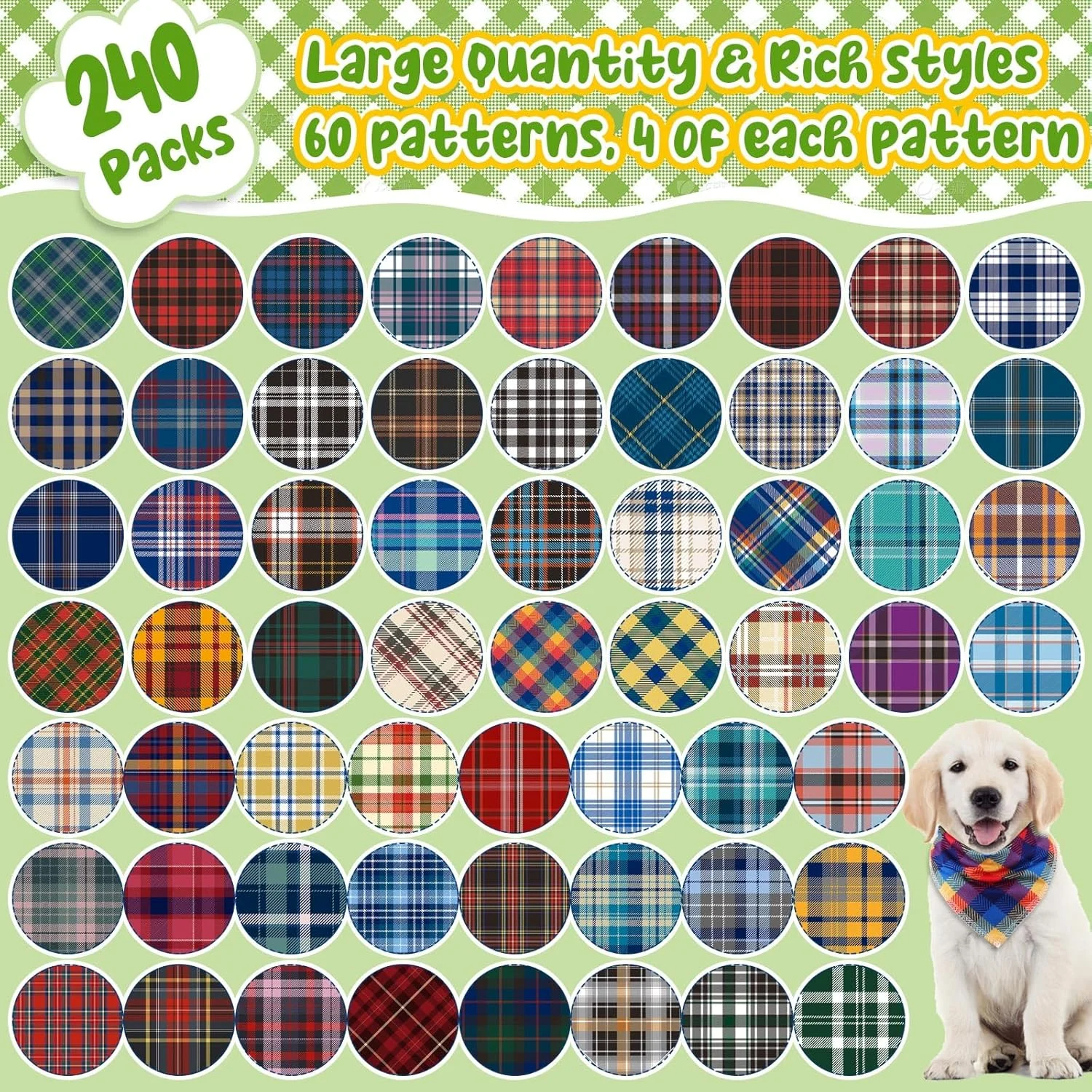 گِیوقا 240 عدد دستمال گردن سگ عمده فروشی طرح بهاره و تابستانه، پیشبند و دستمال سه گوش سگ، دستمال سر سگ قابل تنظیم برای سگ های کوچک، متوسط و بزرگ، گربه ها، لوازم جانبی لباس حیوانات خانگی (چهارخانه)