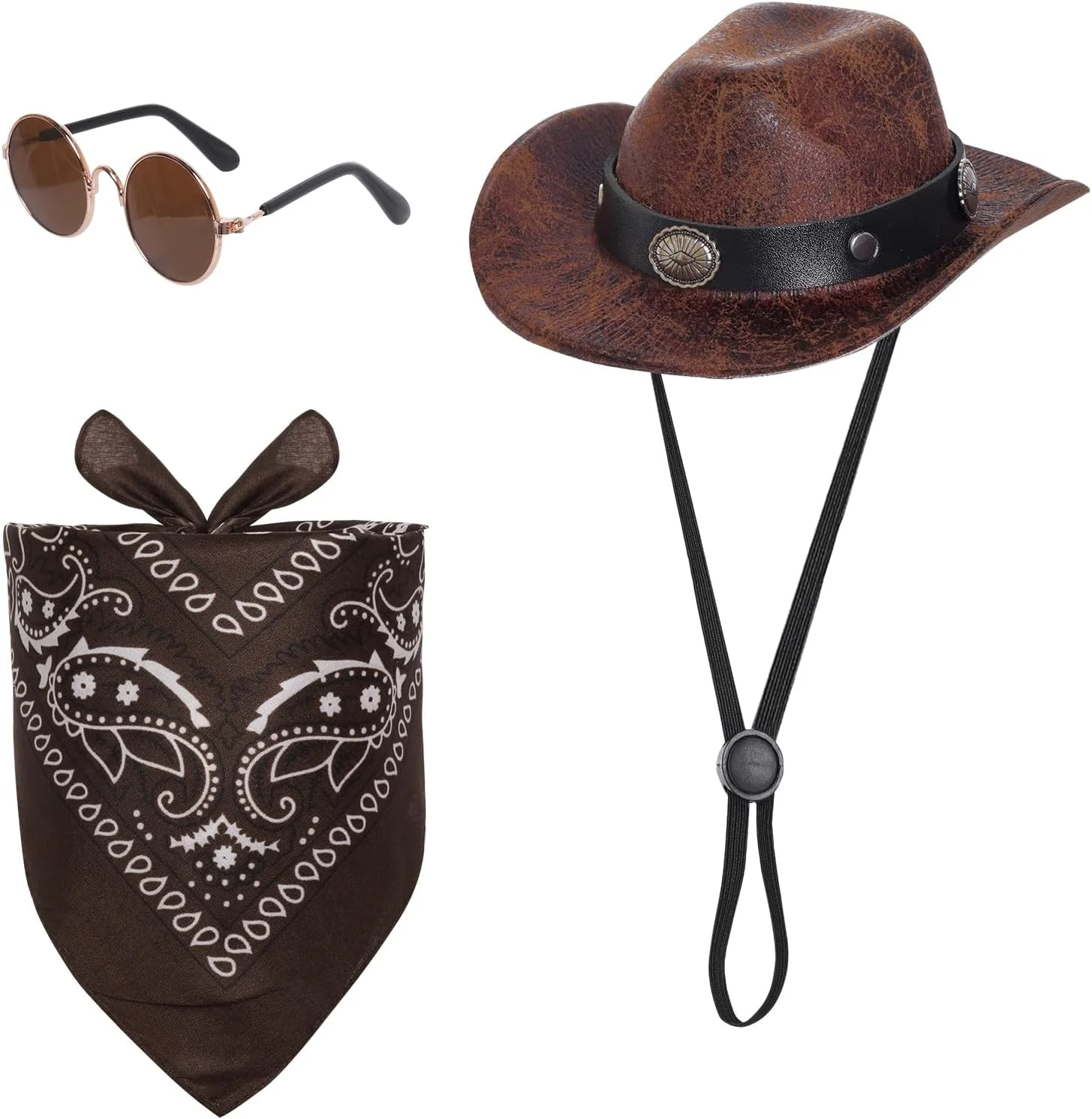 ست لباس گاوچران برای سگ و گربه کوچک شامل کلاه مینی گاوچرانی، عینک آفتابی و دستمال گردن برای مهمانی هالووین و نقش آفرینی