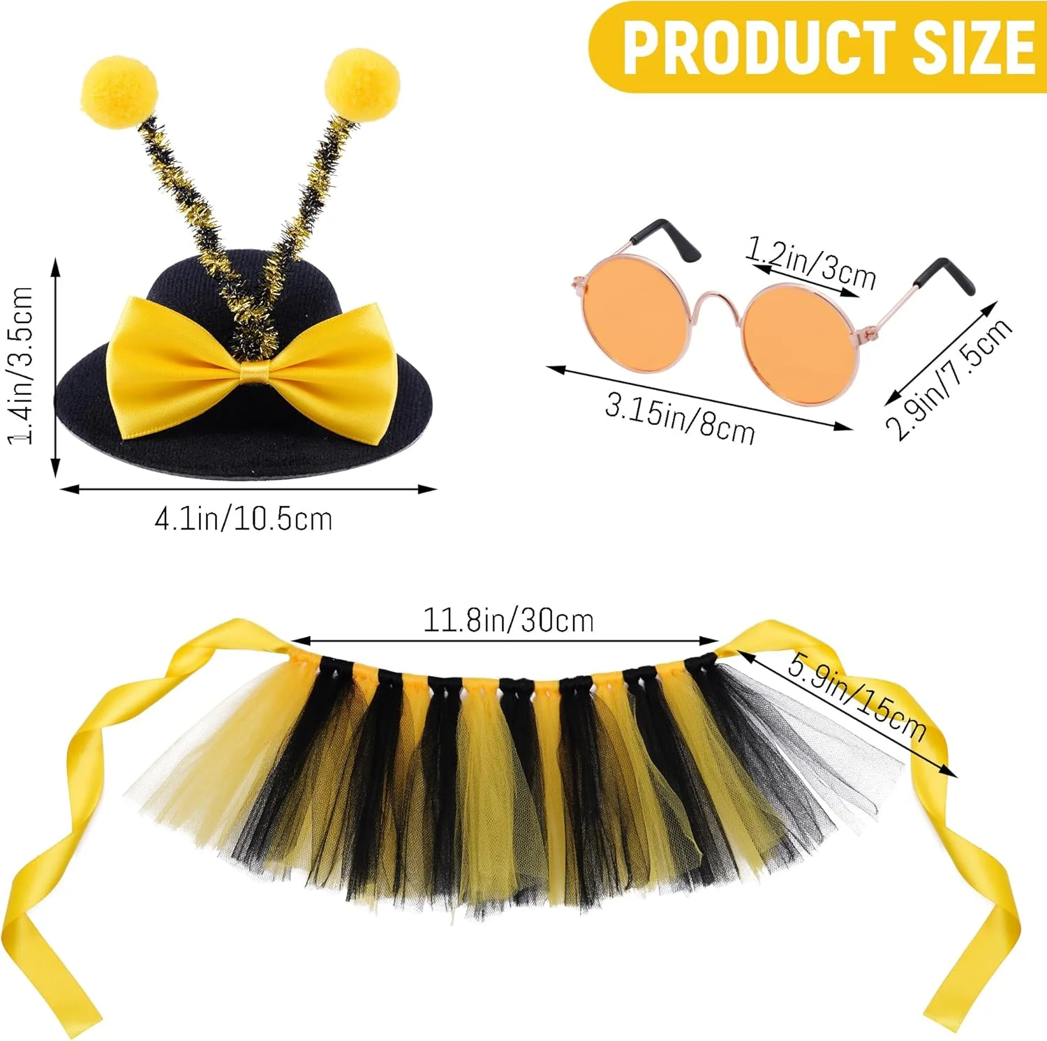 ست 3 تکه لباس زنبوری برای حیوانات خانگی شامل کلاه آنتن زنبوری، عینک آفتابی و دامن توتو برای سگ و گربه، مناسب مهمانی و لوازم جانبی