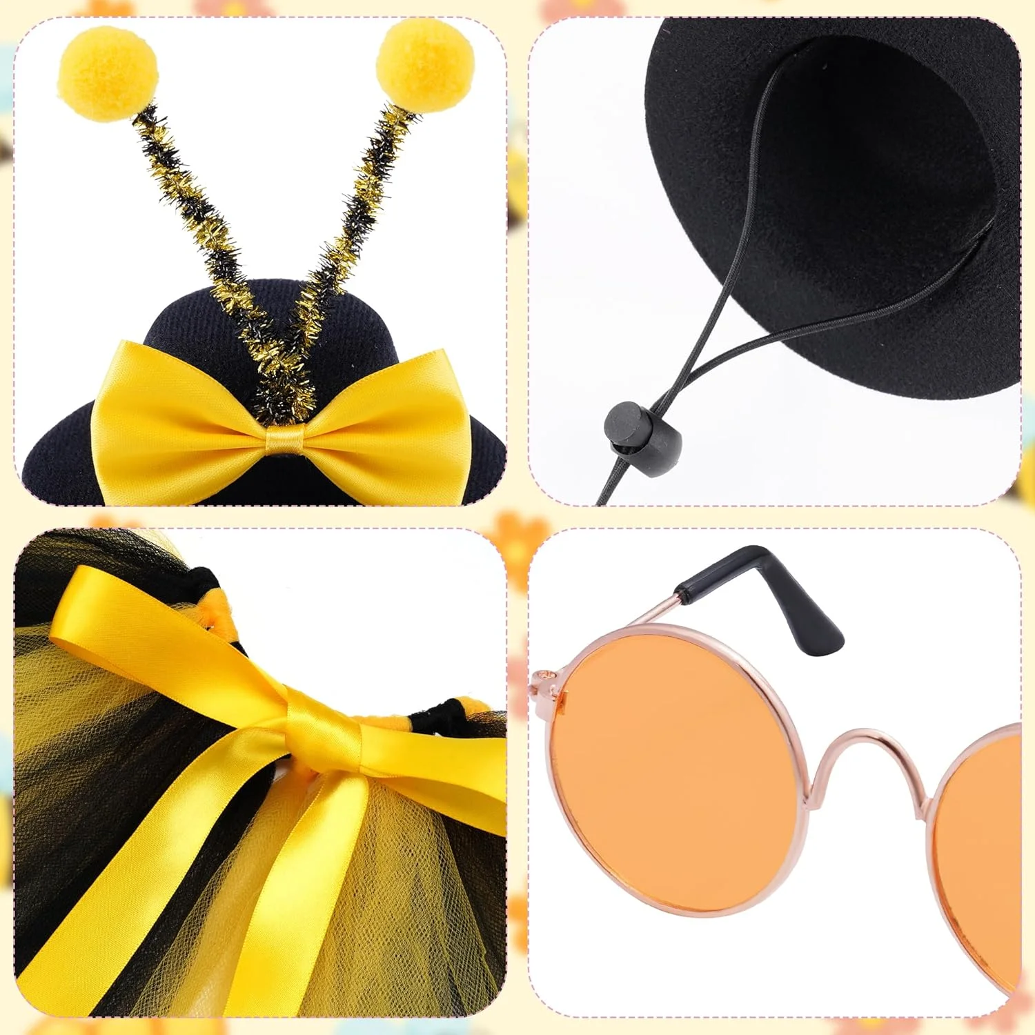 ست 3 تکه لباس زنبوری برای حیوانات خانگی شامل کلاه آنتن زنبوری، عینک آفتابی و دامن توتو برای سگ و گربه، مناسب مهمانی و لوازم جانبی