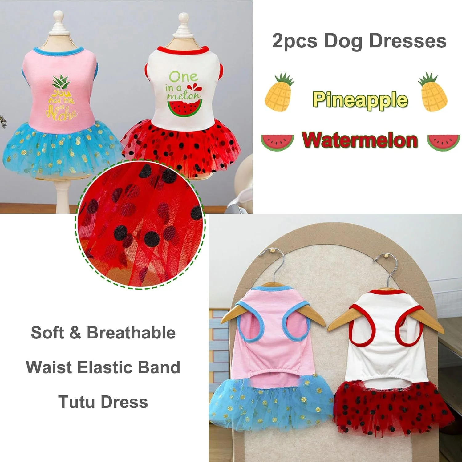 دو عدد لباس سگ پرنسسی، دامن توری طرح میوه لباس حیوانات خانگی، لباس توتو سگ، لباس تولد بدون آستین لباس تعطیلات برای سگ های کوچک دخترانه و گربه ها XS