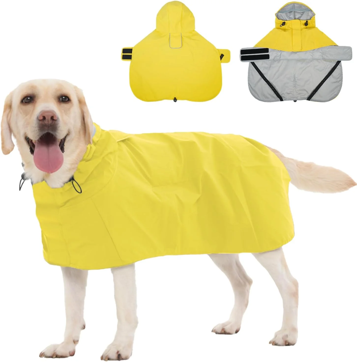 بارانی سگ سایز خیلی بزرگ، بارانی ضدآب سگ کلاه دار، عناصر بازتابنده نور، قابل تنظیم، ژاکت سگ با حلقه های پا و محل اتصال قلاده برای سگ های کوچک، متوسط ​​و بزرگ، زرد