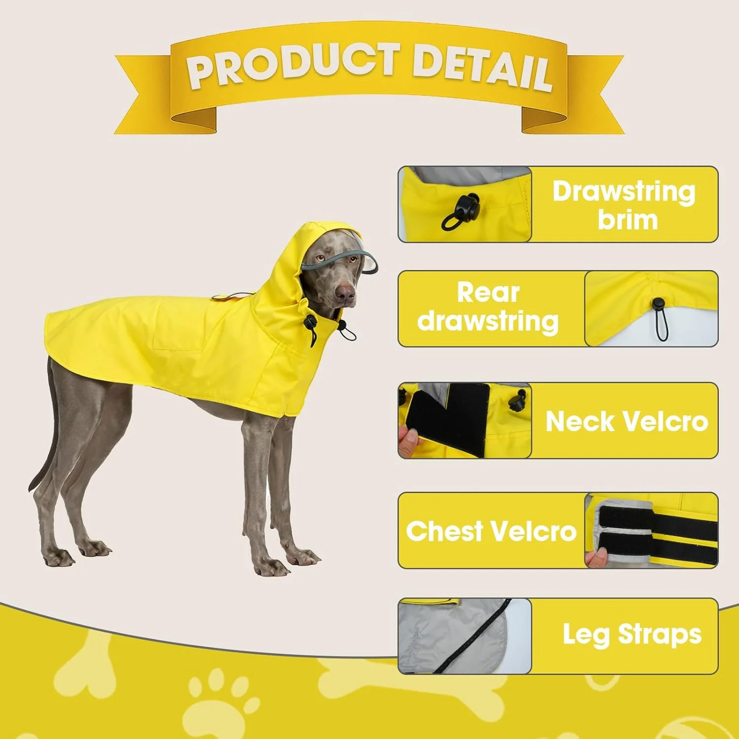 بارانی سگ سایز خیلی بزرگ، بارانی ضدآب سگ کلاه دار، عناصر بازتابنده نور، قابل تنظیم، ژاکت سگ با حلقه های پا و محل اتصال قلاده برای سگ های کوچک، متوسط ​​و بزرگ، زرد