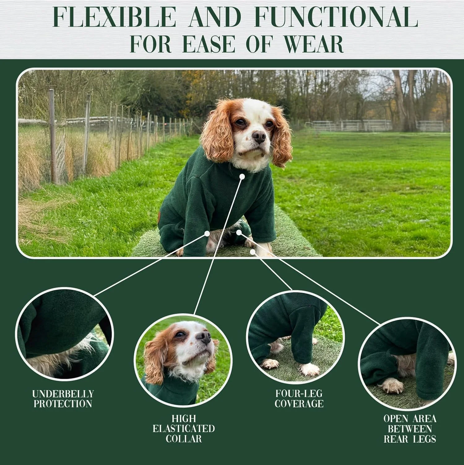 ژاکت پلار سگ HugglePets Legacy (سبز خاکی - مدیوم 40 سانتی متر) 100% پلی استر ضد آب با محافظت از زیر شکم و پا. کت های گرم تمام بدن سگ.