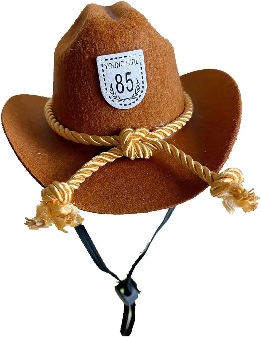 کلاه کابویی حیوانات خانگی، کلاه مینی کابویی سگ و گربه، لوازم جانبی لباس فستیوالی برای سگ و گربه کوچک (سایز کوچک، قهوه ای با طناب زرد)