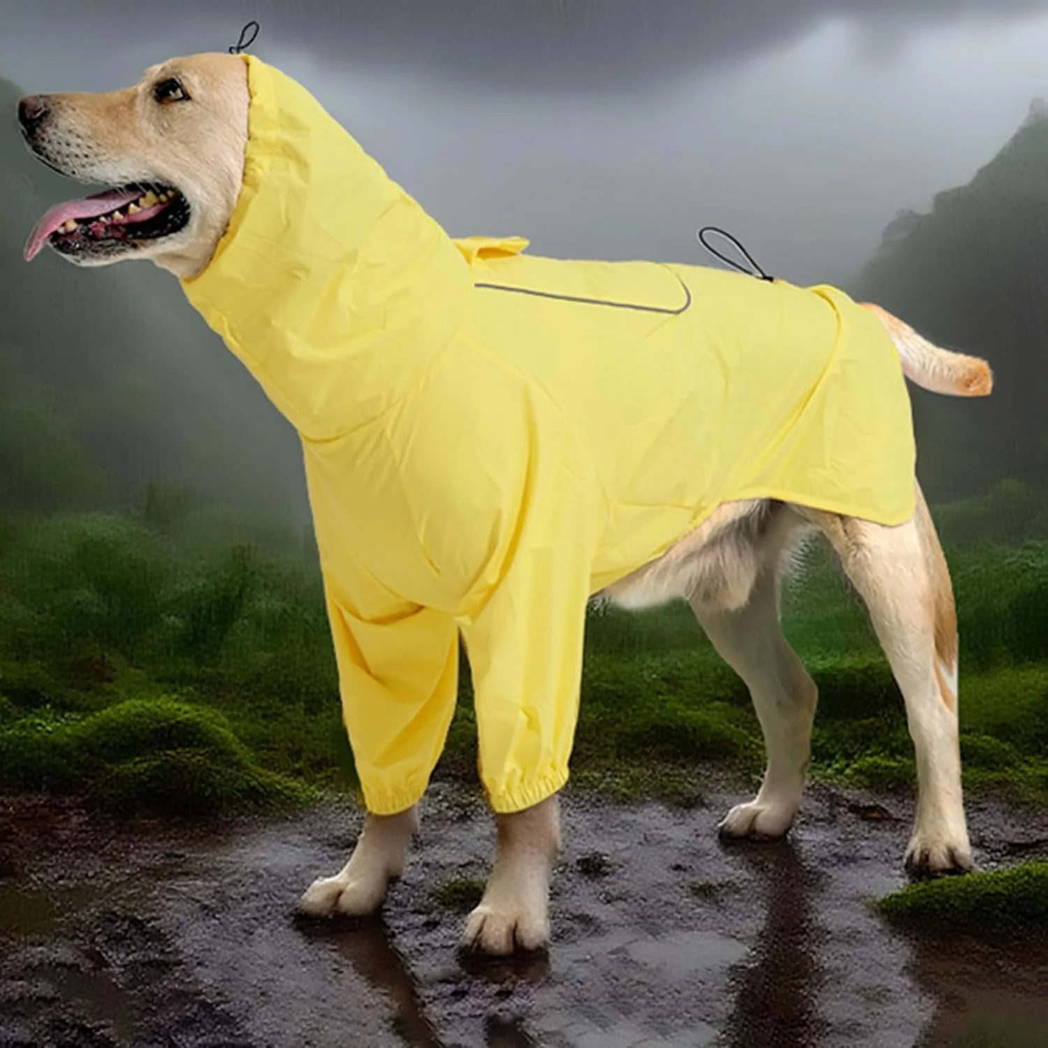 بارانی سگ | بارانی بازتابنده سگ بزرگ با سوراخ طناب کششی - لباس ضد آب قابل تنظیم برای حیوانات خانگی متوسط و بزرگ، دید در شب، پیاده روی روزانه