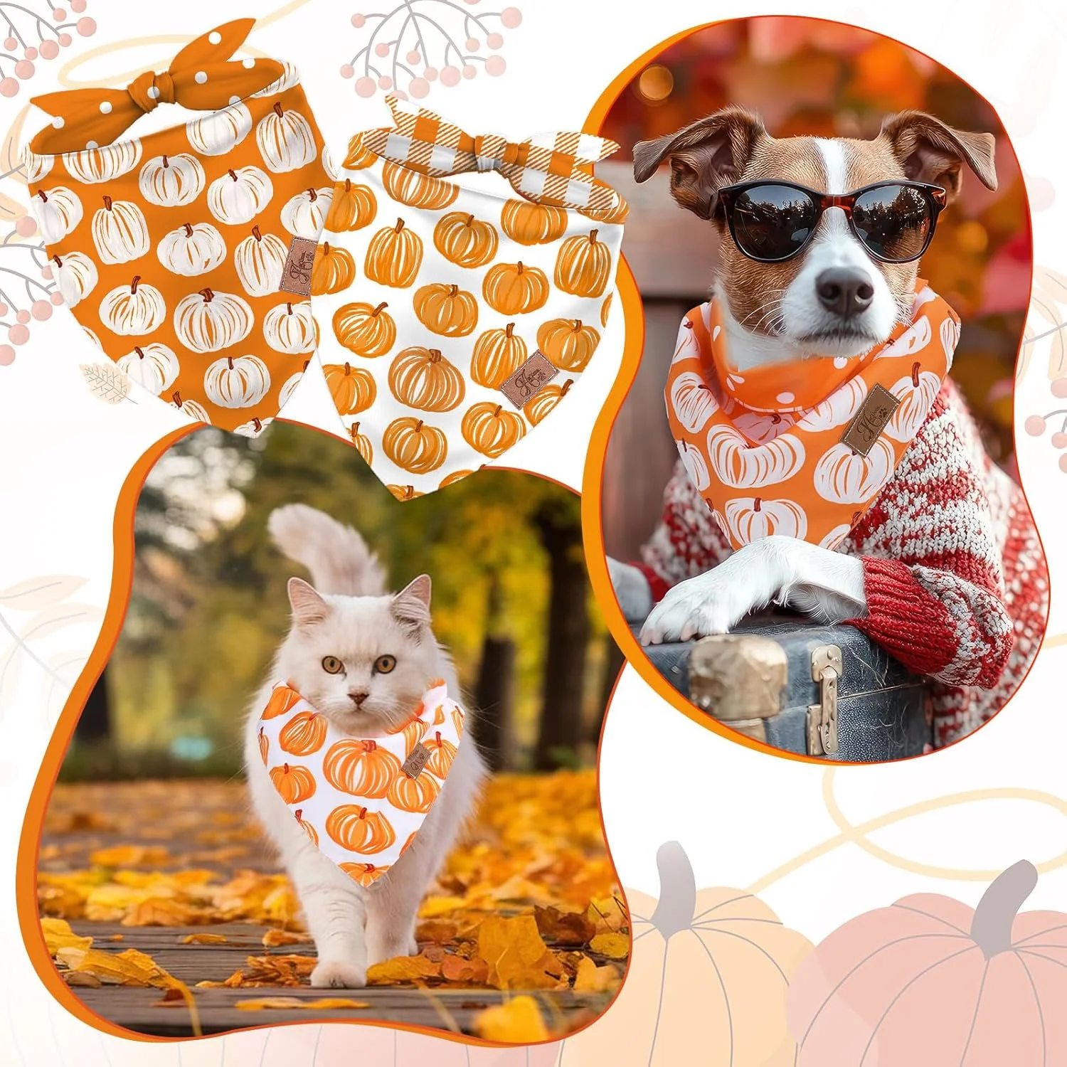 2 عدد دستمال گردن سگ طرح پاییز، دستمال سه گوش ضخیم طرح کدو تنبل، شال حیوانات خانگی نارنجی چهارخانه خال خالی قابل برگشت، دستمال گردن سگ قابل تنظیم برای لوازم جانبی لباس جشن شکرگزاری