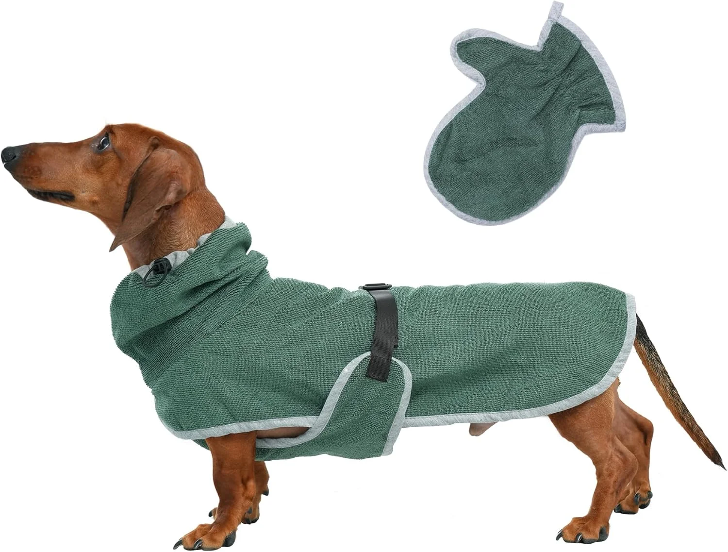 روپوش حمام سگ JoyDaog با دستکش حمام برای خشک کردن سریع، روپوش سگ با بندهای کمری قابل تنظیم برای سگ های متوسط، حوله های بسیار جاذب، سبز M