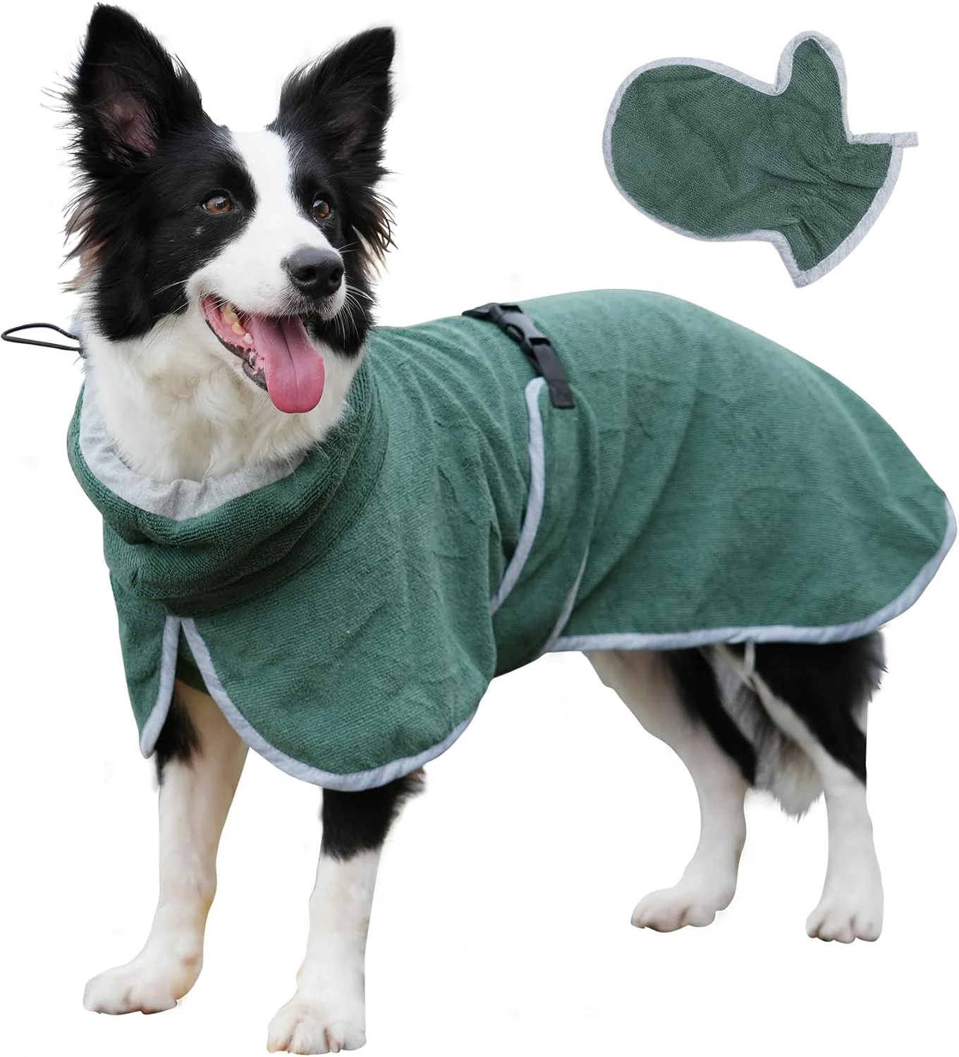 روبدوشامبر سگ JoyDaog با دستکش حمام برای خشک کردن سریع، حوله تن پوش سگ با بندهای کمری قابل تنظیم برای سگ های متوسط، حوله ای بسیار جاذب، سبز XL