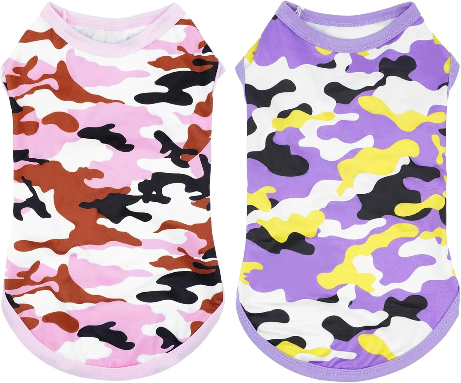 ست 2 عددی تیشرت سگ، طرح استتار، صورتی و بنفش، مناسب توله سگ های خیلی کوچک، گربه ها، دخترانه، آستین حلقه ای، تاپ، لباس، جلیقه، نرم، سبک وزن، کشسان، سایز XS