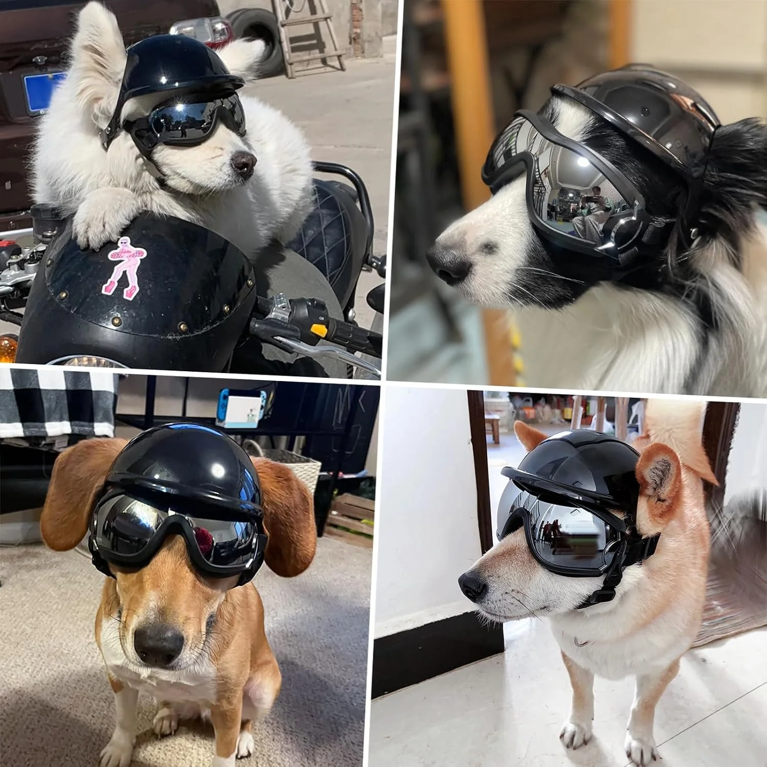 کلاه ایمنی و عینک سگ LESYPET برای نژادهای متوسط تا بزرگ، محافظت در برابر اشعه ماوراء بنفش، عینک آفتابی سگ، کلاه ایمنی موتور سیکلت سگ با سوراخ گوش، بندهای قابل تنظیم برای سوارکاری، دوچرخه سواری در فضای باز، مشکی