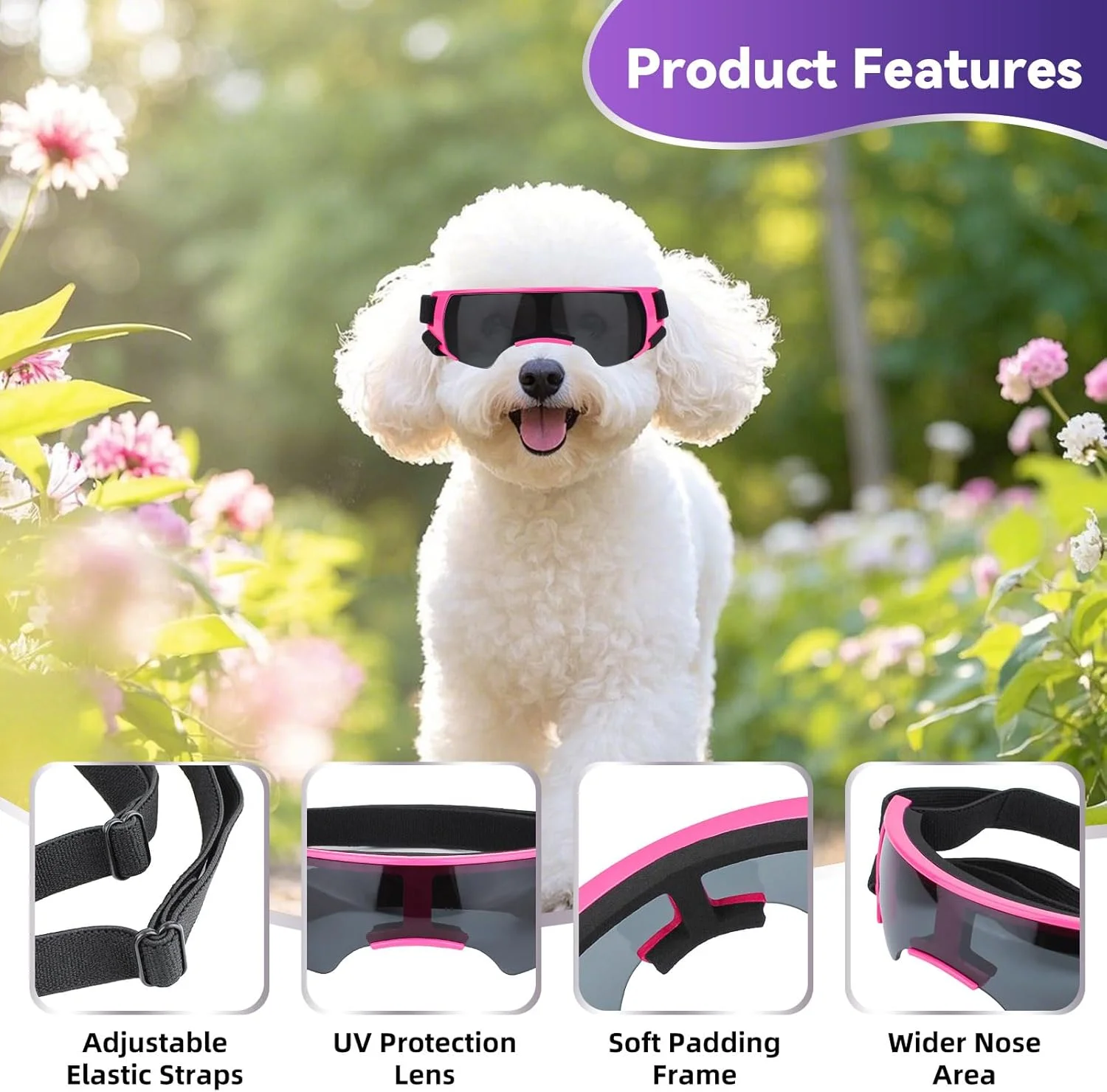 عینک محافظ سگ LESYPET مناسب نژادهای کوچک، عینک آفتابی ضد اشعه ماوراء بنفش با پد فومی، عینک ضد باد سگ های کوچک با بند قابل تنظیم برای رانندگی، صورتی عینک محافظ سگ LESYPET مناسب نژادهای کوچک، عینک آفتابی ضد اشعه ماوراء بنفش با پد فومی، عینک ضد باد سگ های کوچک با بند قابل تنظیم برای رانندگی، صورتی