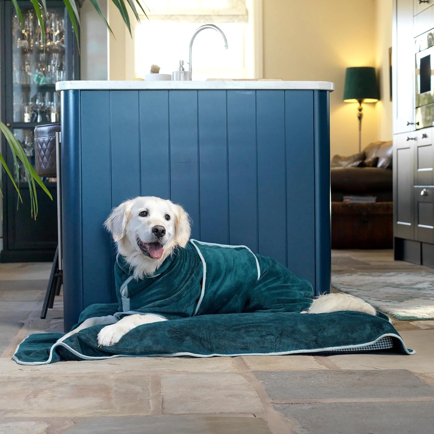 روپوش حمام سگ Lucky Paws® - روپوش حمام دولایه سگ - خشک‌شونده سریع، جاذب و نرم، رنگ آبی‌سبز، سایز L