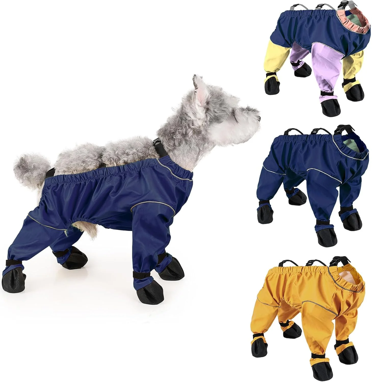 شلوار و چکمه ضد آب و ضد لغزش چهار پا سگ با بند شانه ای، محافظ شکم پنجه سگ قابل تنظیم و بازتابنده، چکمه پیاده روی در فضای باز برای سگ های کوچک و متوسط - سایز S (آبی)