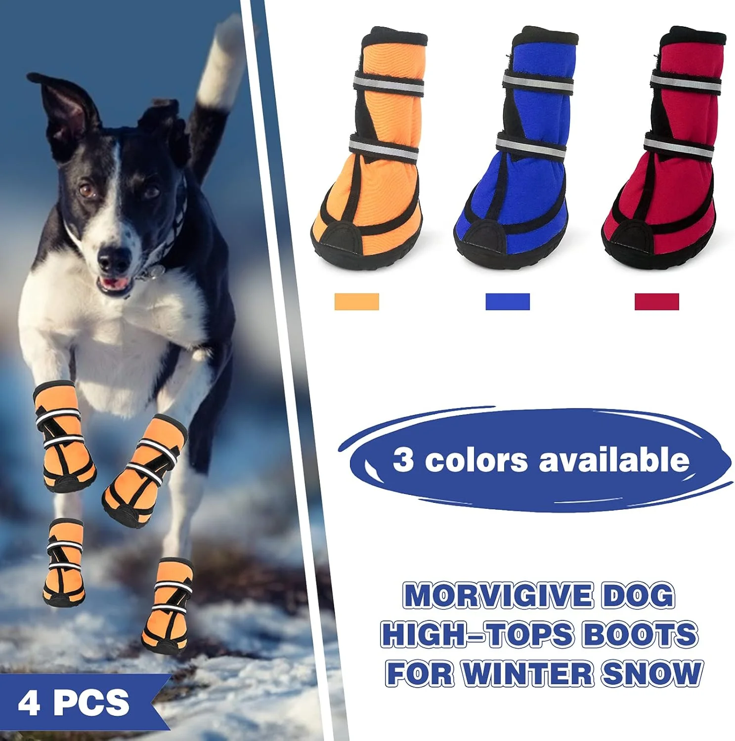 پاپوش سگ MORVIGIVE برای سگ های بزرگ و متوسط، کفش زمستانی ضد آب سگ با کفی لاستیکی ضد لغزش و بند های بازتابنده، پاپوش حیوانات خانگی مناسب ورزش های فضای باز محافظ پنجه ساق بلند برای پیاده روی، کوهنوردی، دویدن