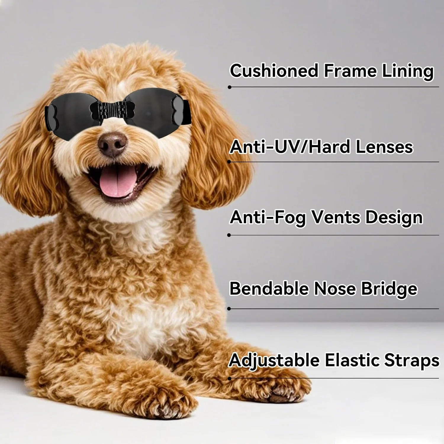 عینک محافظ سگ نژاد متوسط، محافظت در برابر اشعه ماوراء بنفش، پل بینی قابل تنظیم، ضد مه برای سگ های کوچک تا متوسط، محافظت از چشم سگ در فضای باز، ضد باد و ضد گرد و غبار، مشکی