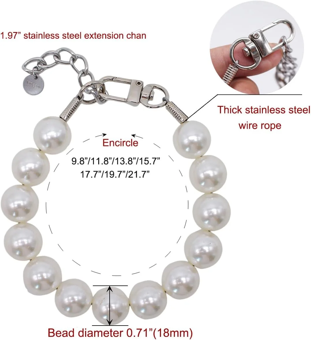 گردنبند سگ مرواریدی 1.7 سانتی متری با سیم طناب استیل ضد زنگ قوی قابل تنظیم، لوازم عروسی گربه سگ بادوام