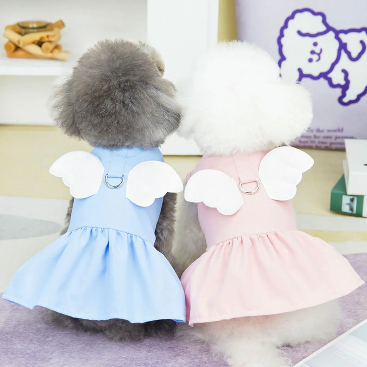 لباس سگ NeoStyle، لباس پاپی پرنسس پاپیون دار با بال های فرشته، لباس سگ مد روز، لباس های سگ کوچولو زیبا برای سگ های کوچک دخترانه طرح گلدار (L، بال های صورتی)