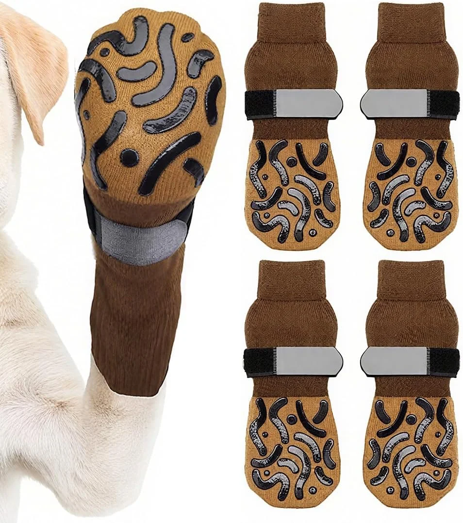دو جفت جوراب سگ ضد لغزش، جوراب سگ با کفی ضد لغزش برای سطوح سخت، دسته های بسیار ضخیم، محافظت از پنجه برای استفاده در محیط داخلی (L)