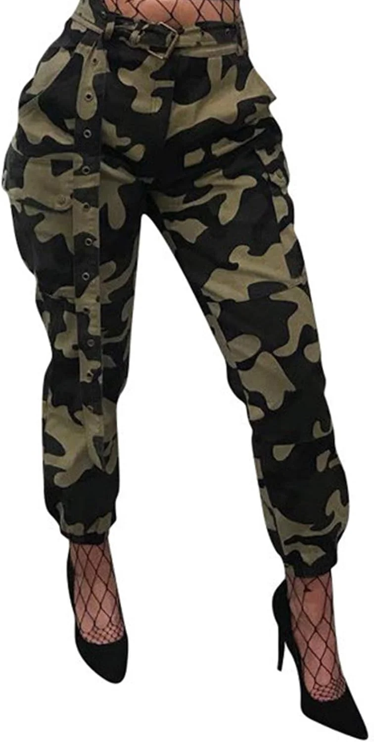 شلوار کارگو زنانه واکست طرح چریکی، کمر بلند، فیت باریک، شلوار استرچ فعال با جیب و کمربند