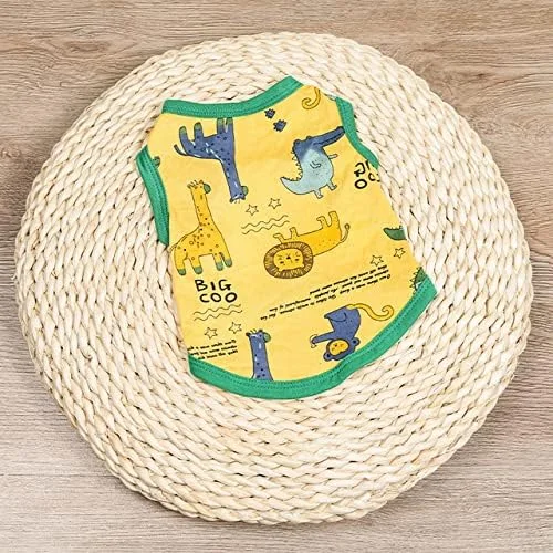 کلکسیون لباس بهاره اوهانا - لباس جلیقه ای طرح دار با یقه گرد برای گربه ها و سگ ها، طرح حیوانات زرد رنگ، سایز کوچک، PCS0021/03