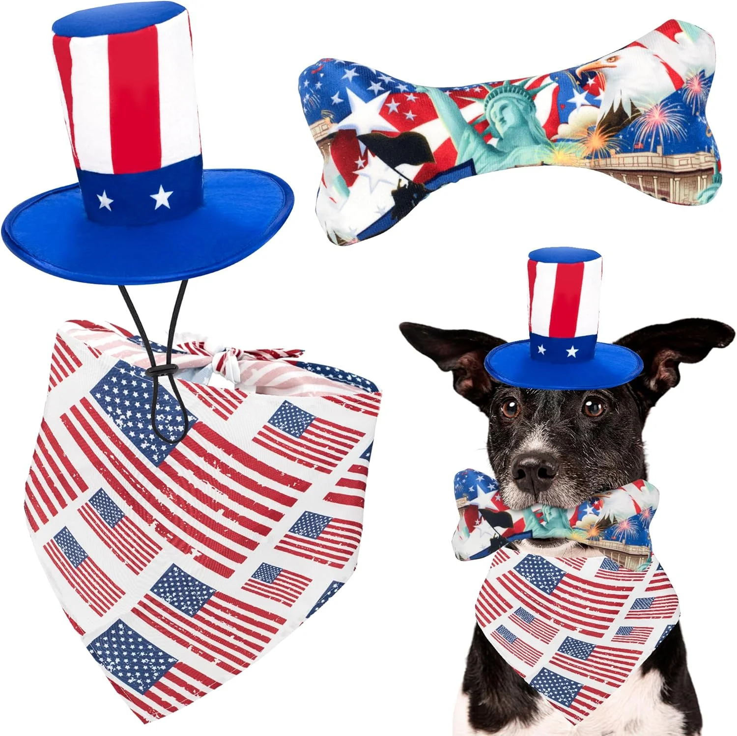 ست 3 تکه اوسیا برای سگ ها، شامل دستمال گردن طرح پرچم آمریکا، کلاه استوانه ای حیوانات خانگی طرح عمو سام، و اسباب بازی استخوان سگ طرح پرچم آمریکا مناسب سگ های کوچک، متوسط و بزرگ ست 3 تکه اوسیا برای سگ ها، شامل دستمال گردن طرح پرچم آمریکا، کلاه استوانه ای حیوانات خانگی طرح عمو سام، و اسباب بازی استخوان سگ طرح پرچم آمریکا مناسب سگ های کوچک، متوسط و بزرگ