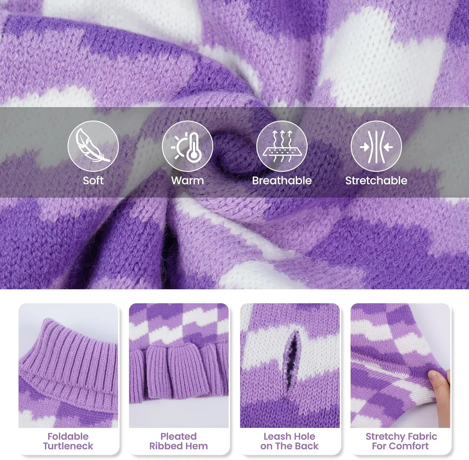 پلیور بافتنی یقه اسکی سگ دخترانه، لباس گرم زمستانی سگ برای استفاده روزمره یا مناسبت های خاص - بنفش سایز M