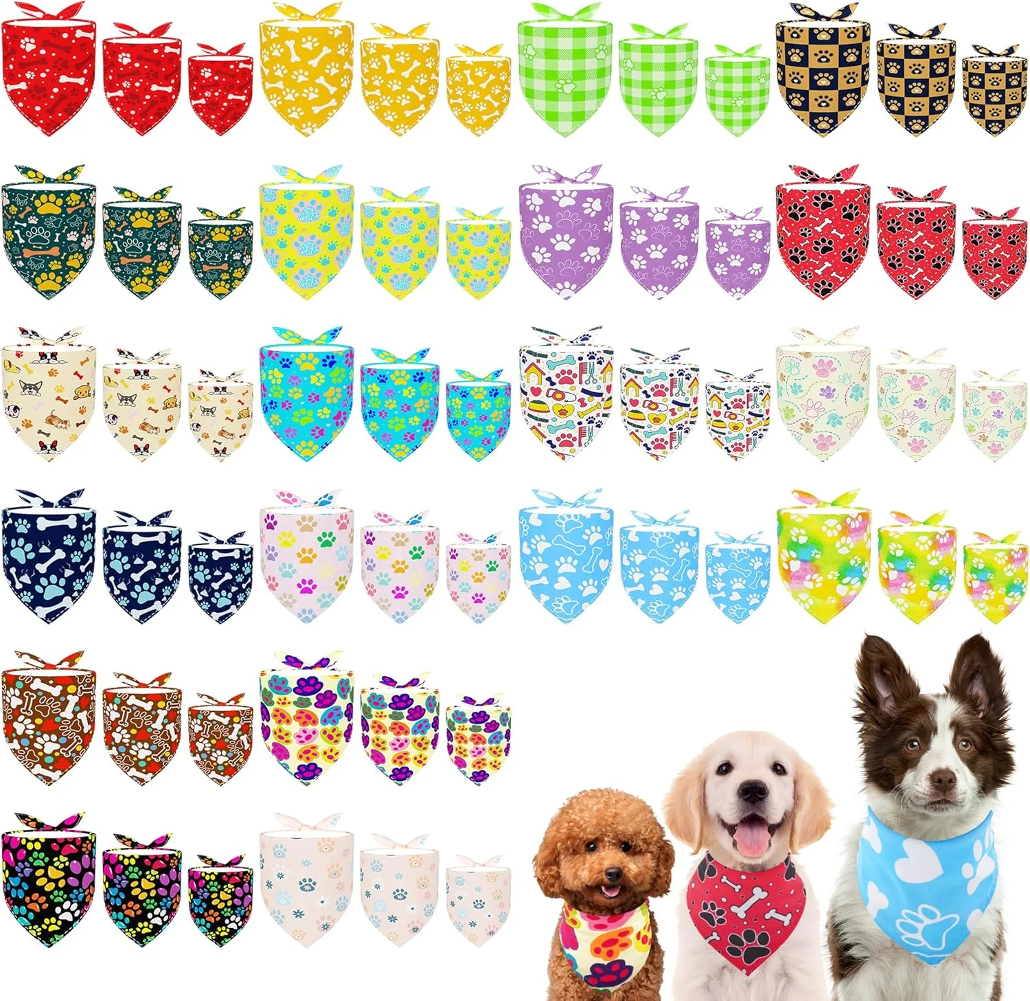 ست 60 عددی دستمال گردن سگ با طرح پنجه در 3 سایز مختلف، مناسب سگ و گربه های کوچک، متوسط و بزرگ، شال گردن قابل تنظیم برای استفاده روزانه، مهمانی و آراستگی، سایزهای S، M و L