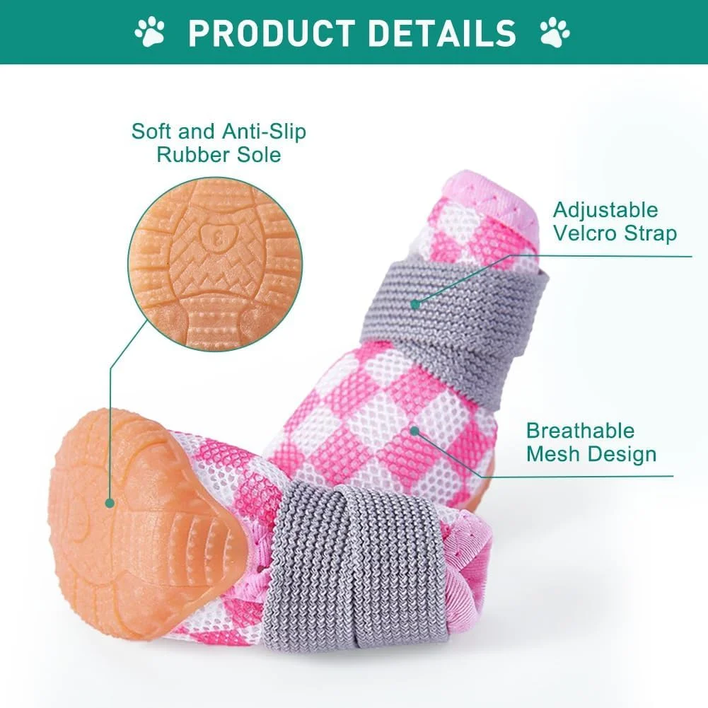 کفش سگ برای سگ های کوچک، چکمه های تنفسی سگ، محافظ پنجه حیوانات خانگی برای پیاده روهای داغ و برف زمستانی، پیاده روی در فضای باز و کف های سخت داخلی (صورتی مشکی - سایز 5)
