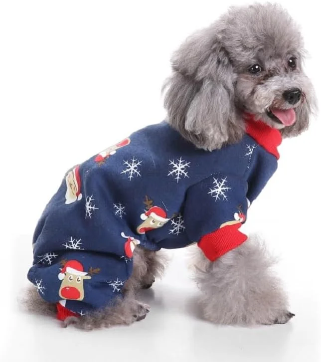 لباس خواب سگ، لباس خنده دار سگ برای سگ های کوچک دختر و پسر، لباس سرهمی پشمی حیوانات خانگی با پا (آبی سرمه ای، L)