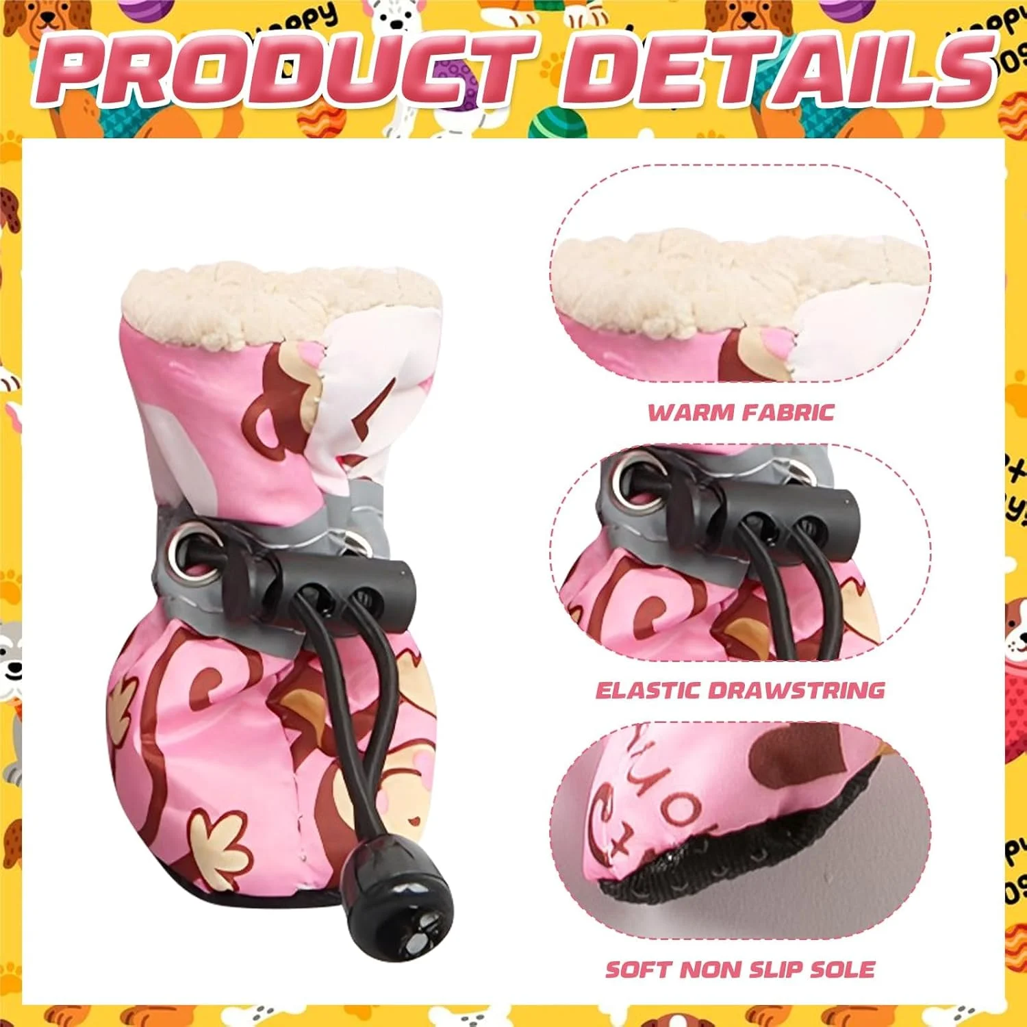 2 جفت پاپوش سگ ضد آب - محافظ پنجه ضد لغزش با بندهای قابل تنظیم | جوراب های گرم و جلوگیری از لیسیدن برای استفاده در داخل و خارج از خانه (صورتی، سایز XS-XL، نوارهای بازتابنده)