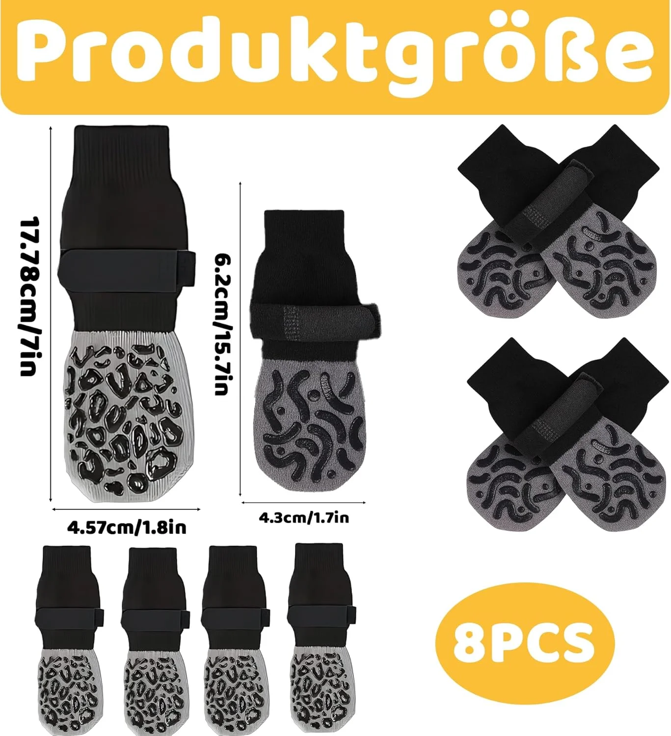 ست جوراب سگ غیر لغزنده PangWuu شامل 8 عدد، کفش سگ با محافظت از پنجه برای فضای باز، جوراب سگ غیر لغزنده برای آسیب دیدگی و محافظت در برابر نشت، 4 عدد سایز بزرگ طرح پلنگی و 4 عدد سایز متوسط طرح کرم ابریشم