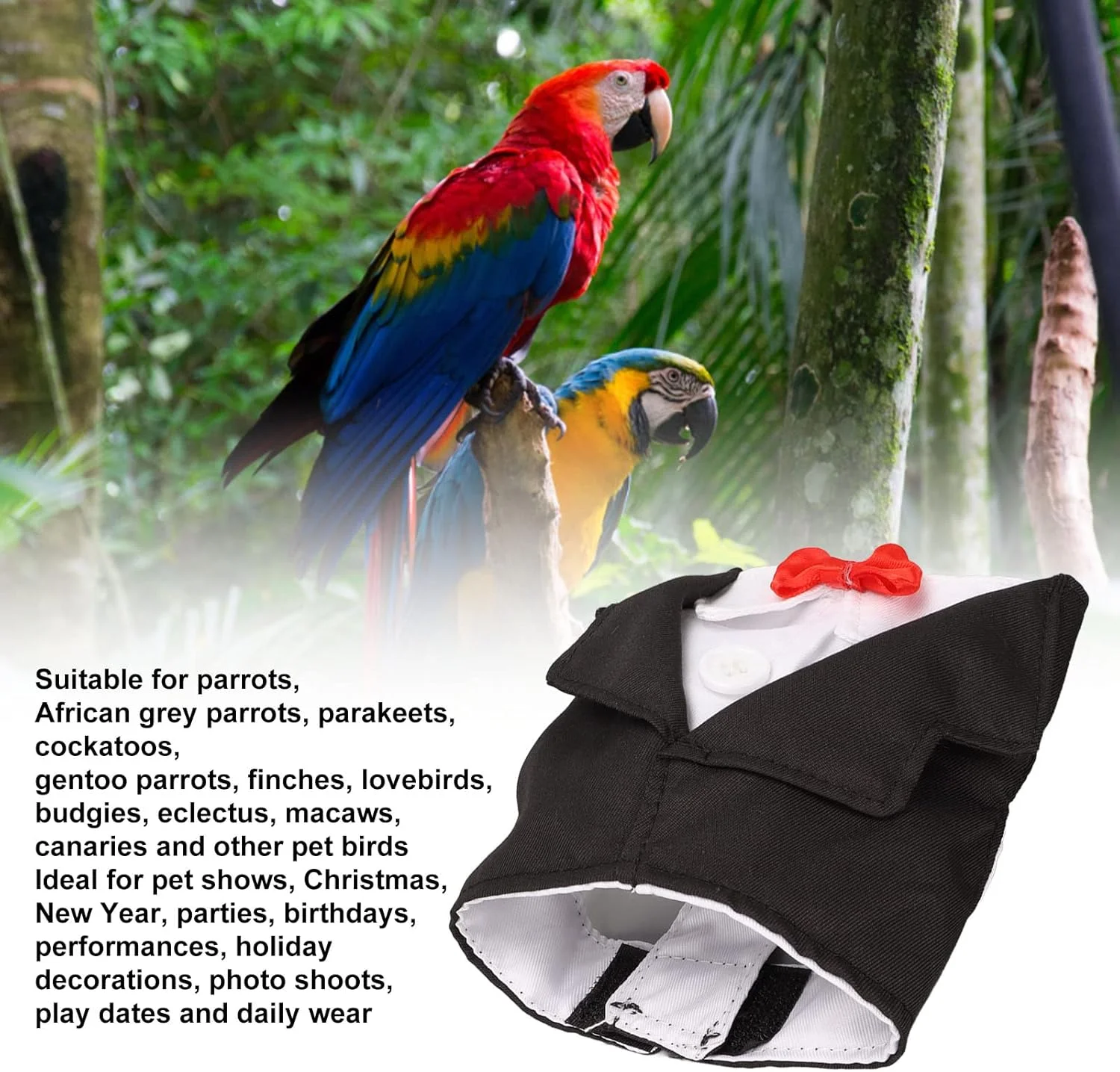لباس پرنده طرح پرندگان زیبا با پاپیون، لباس نرم و لطیف مناسب پوست پرنده برای طوطی های خاکستری آفریقایی، مرغ عشق، عروس هلندی و کانور خورشیدی (XS)