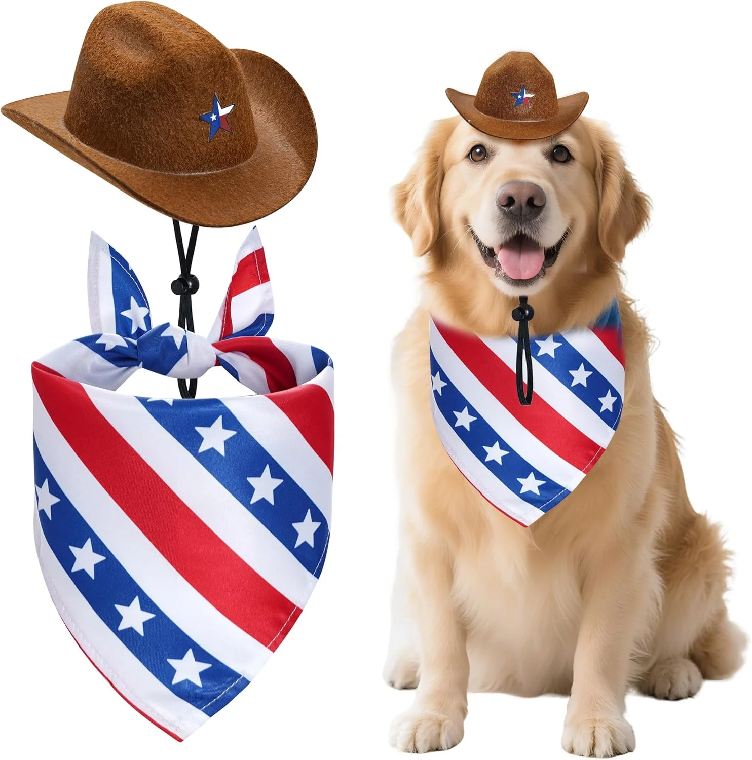ست کلاه کابویی و دستمال گردن سگ با طرح میهن پرستانه، لوازم جانبی لباس روز استقلال حیوانات خانگی برای سگ ها و گربه ها (راه راه)