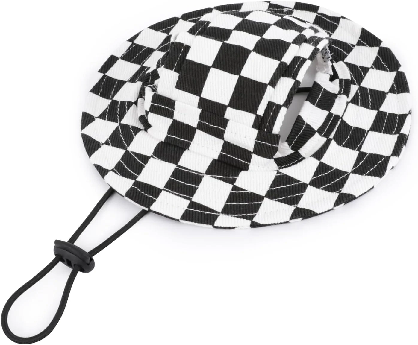 کلاه سگ با طرح چهارخانه، دارای سوراخ گوش، لبه گرد، مناسب سگ، توله سگ، گربه، کلاه آفتابی سطلی، محافظت در برابر آفتاب در فضای باز، کلاه حیوانات خانگی برای گربه ها و سگ های کوچک و متوسط، سیاه و سفید، سایز S