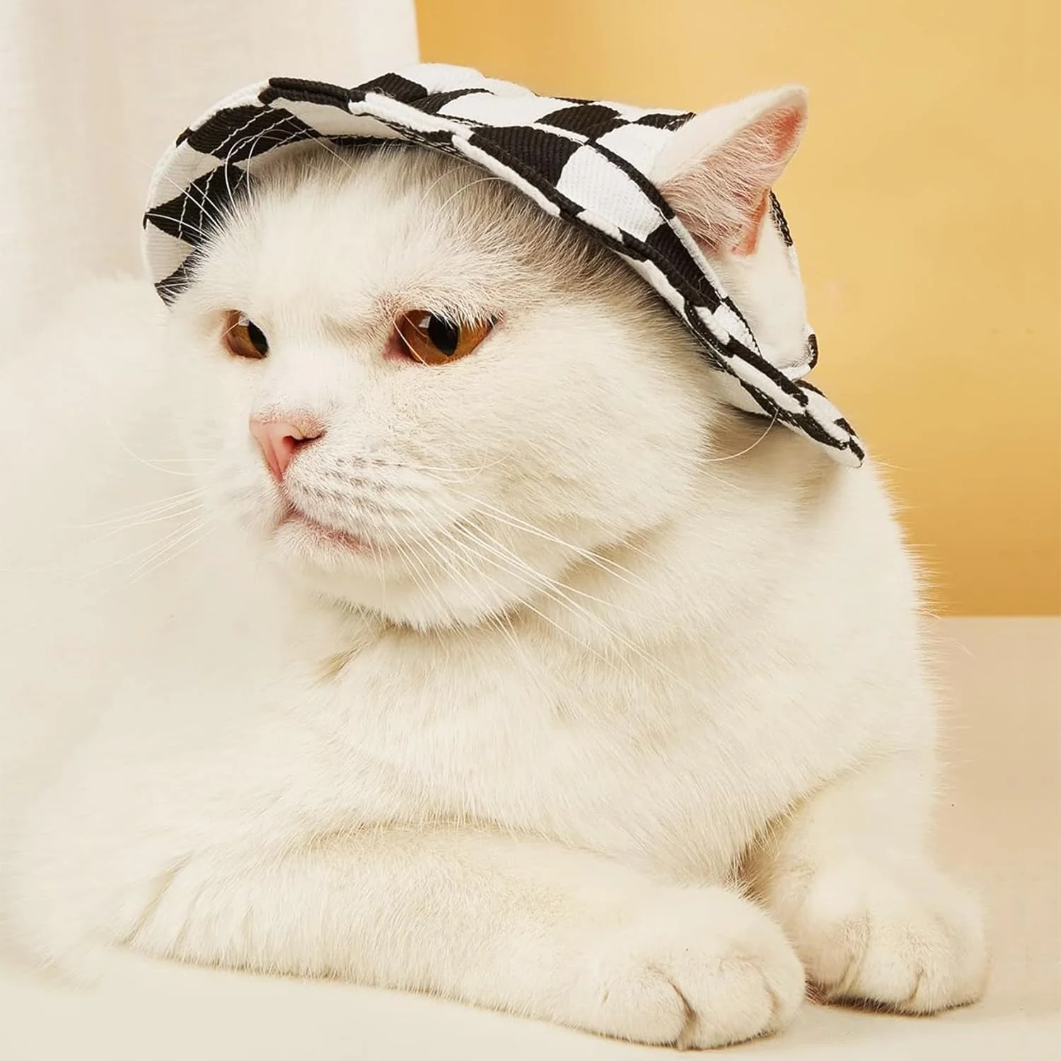 کلاه حیوانات خانگی، طرح چهارخانه با سوراخ گوش، لبه گرد، کلاه آفتابی سگ، توله سگ، گربه، کلاه سطلی، محافظت در برابر آفتاب در فضای باز، کلاه حیوانات خانگی برای گربه ها و سگ های کوچک و متوسط، سیاه و سفید S