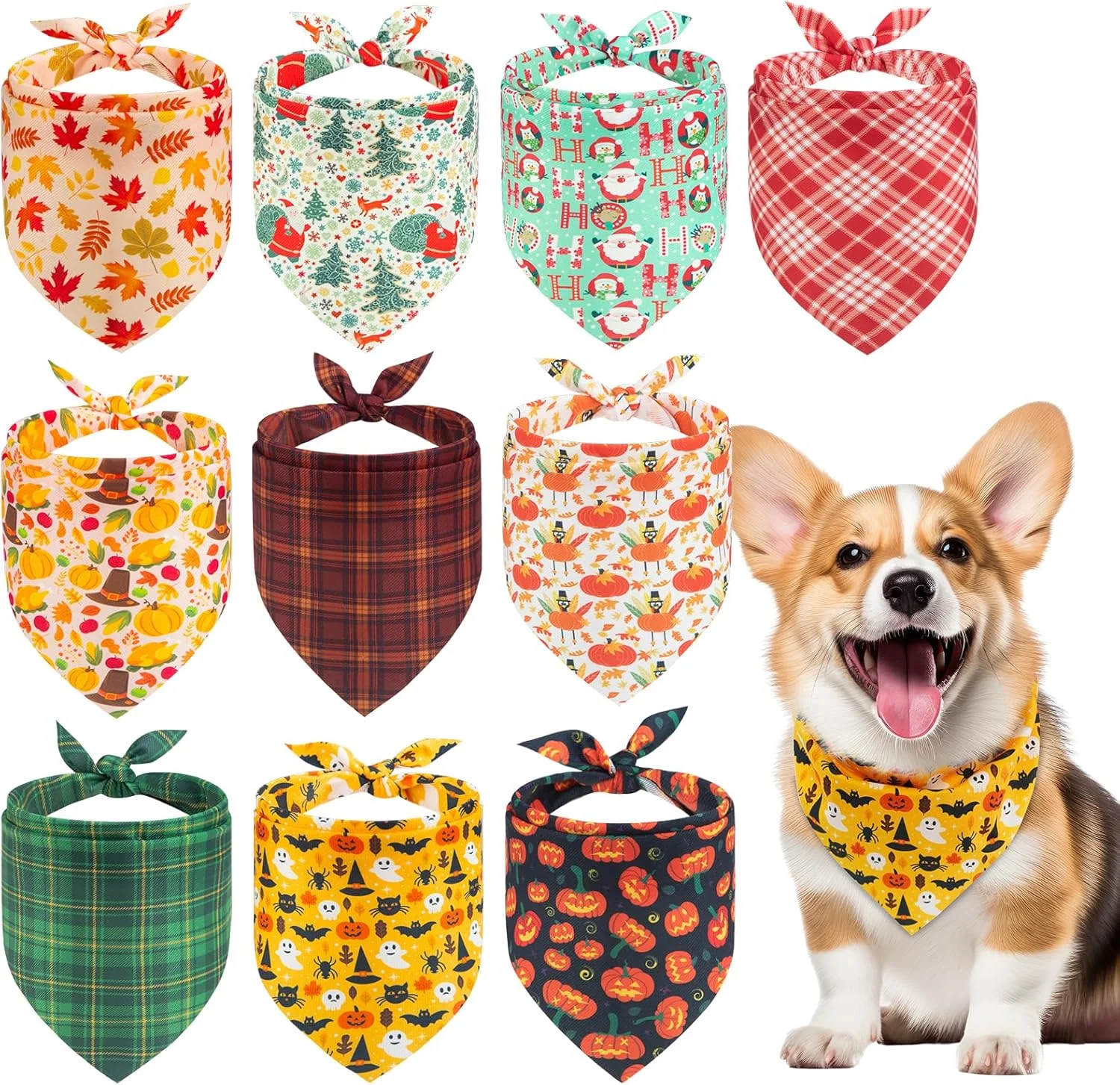 بسته 10 عددی دستمال گردن سگ PAWCHIE، روسری مثلثی حیوانات خانگی طرح چهارخانه مناسب سگ و گربه کوچک، متوسط و بزرگ، بسته عمده برای استفاده روزانه در پاییز و زمستان، لوازم جانبی هالووین، روز شکرگزاری و کریسمس