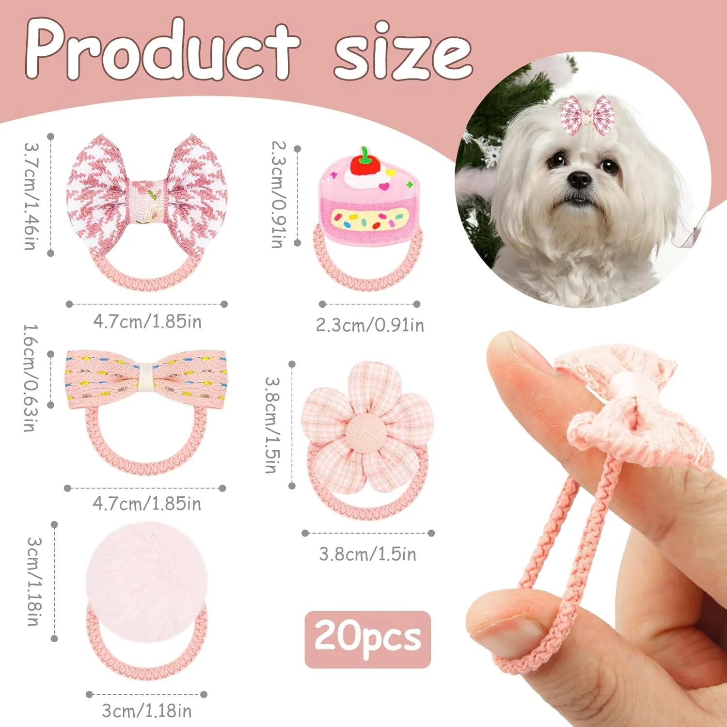 بسته 20 عددی پاپیون موی سگ ممتاز - لوازم جانبی موی سگ کوچک دست ساز با کش مو، پاپیون موی سگ زیبا، مدل های ترکیبی پاپیون توپی گل سگ های صورتی برای سگ های خانگی
