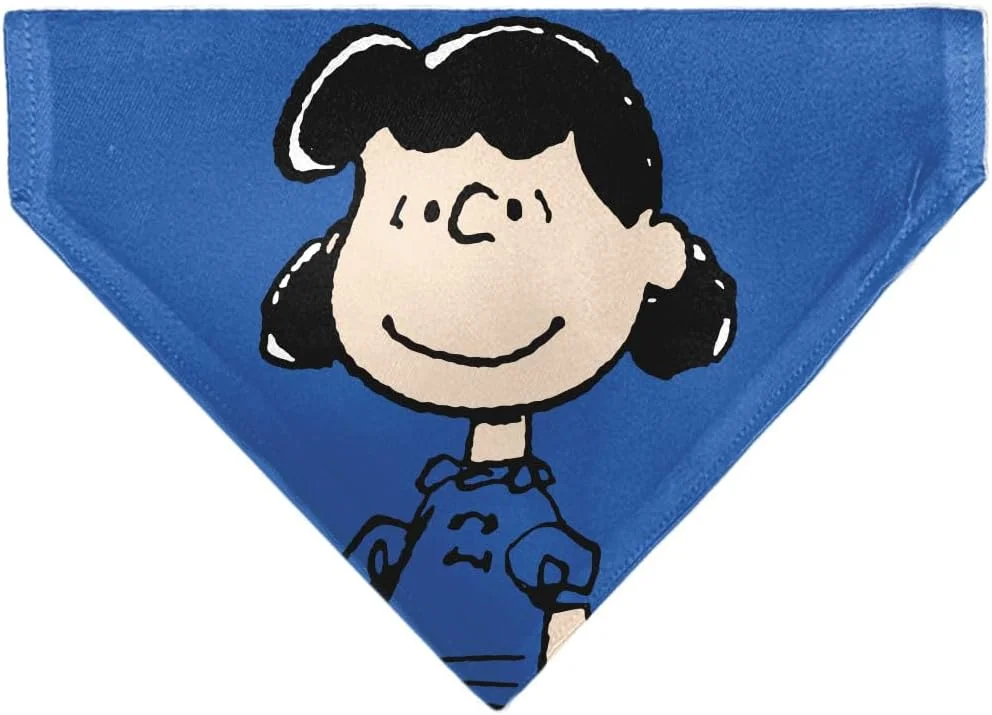 دستمال گردن سگ با طرح لوسی ون پلت با چهره خندان، آبی رنگ و قابل نصب روی قلاده