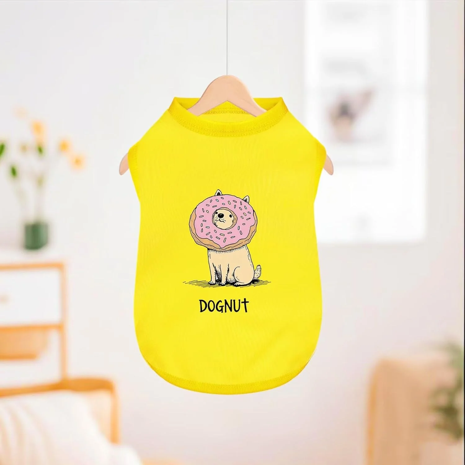 لباس حیوانات خانگی: تاپ سگ بدون آستین با طرح کلاسیک و چاپ دونات، زرد، سایز XS