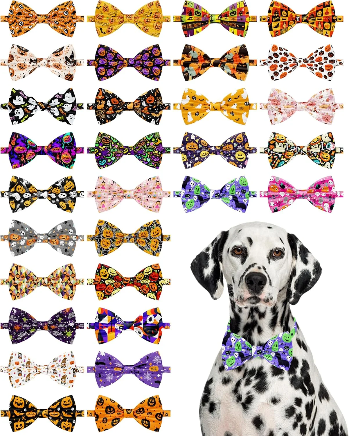 پت شو بسته 30 عددی پاپیون یقه سگ طرح هالووین، مناسب سگ های بزرگ و متوسط، پاپیون های قابل تنظیم طرح کدو تنبل و شبح، لوازم جانبی نظافت حیوانات خانگی (بزرگ)