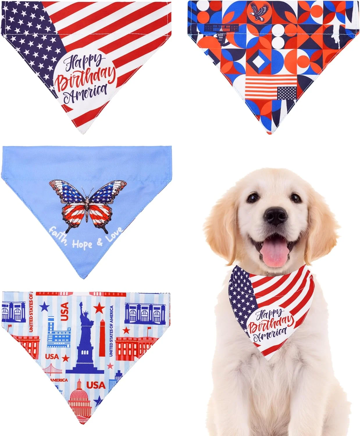 پت شو، بسته چهارتایی دستمال گردن سگ طرح چهارم جولای، طرح پرچم آمریکا، دو رو، مناسب سگ های کوچک و متوسط، پیشبندهای میهن پرستانه، اتصال آسان به قلاده، لوازم پیرایش حیوانات خانگی برای سگ های دختر و پسر، سایز بزرگ