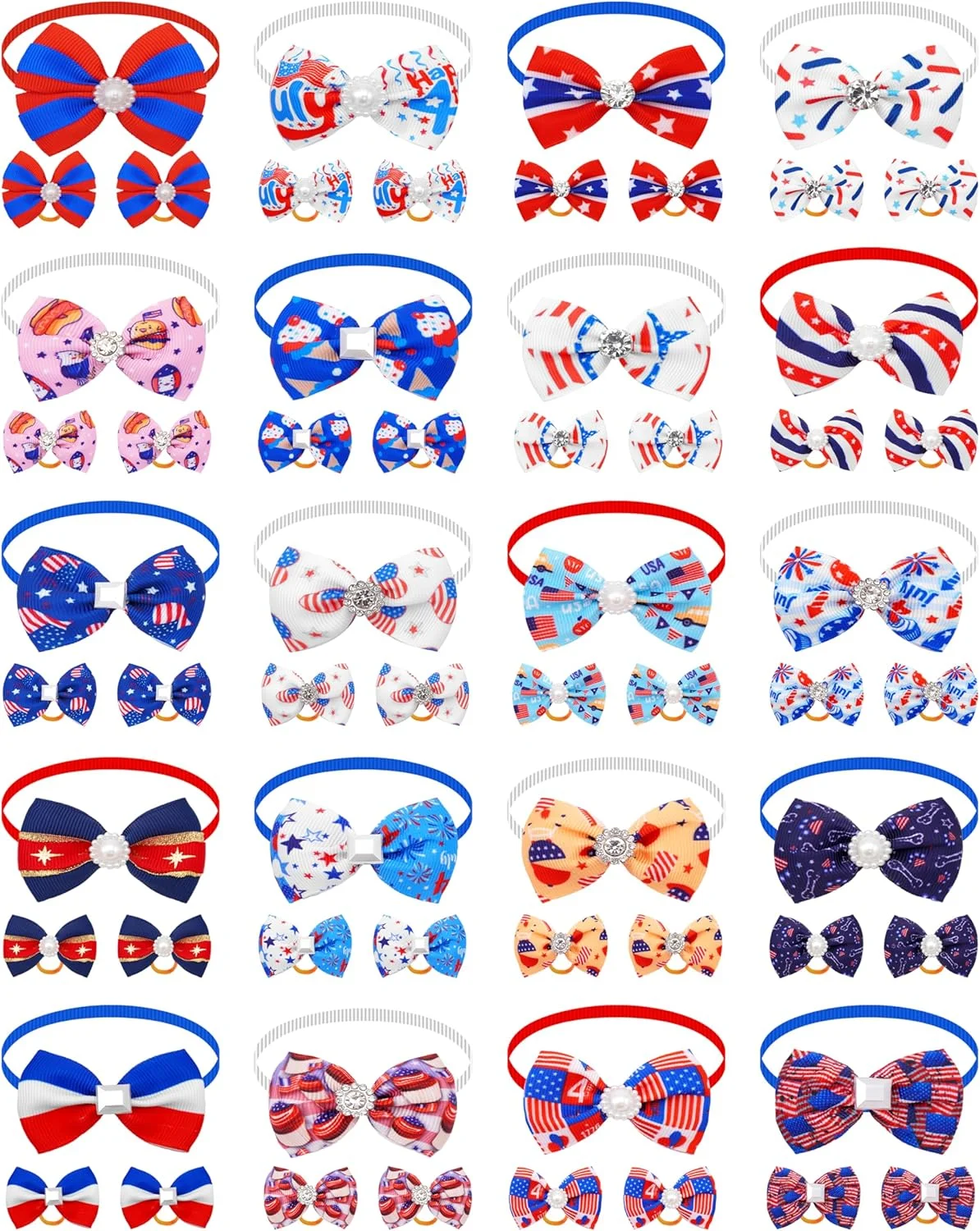 پاپیون مو سگ کوچک پت شو، بسته 60 عددی، طرح روز استقلال آمریکا، به همراه پاپیون های طرح میهن پرستانه برای سگ و گربه، مناسب سگ های پسر و دختر، طرح پرچم آمریکا، پاپیون های قابل تنظیم برای قلاده حیوانات خانگی، لوازم آرایش مو، مناسب مهمانی، 20 ست متنوع