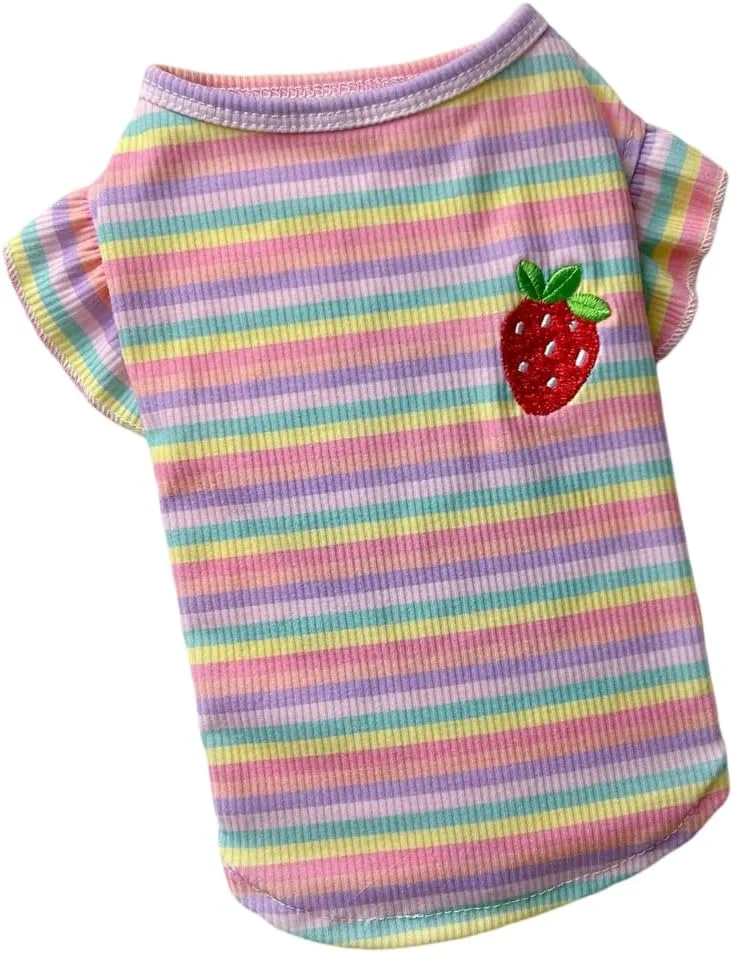 لباس راه راه آستین کوتاه حیوانات خانگی با گلدوزی توت فرنگی